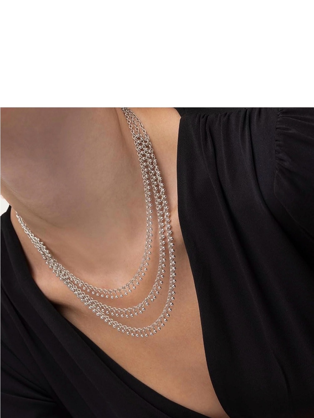 Multi-Strand Silver Bead Fringe Necklace - Women's Jewelry